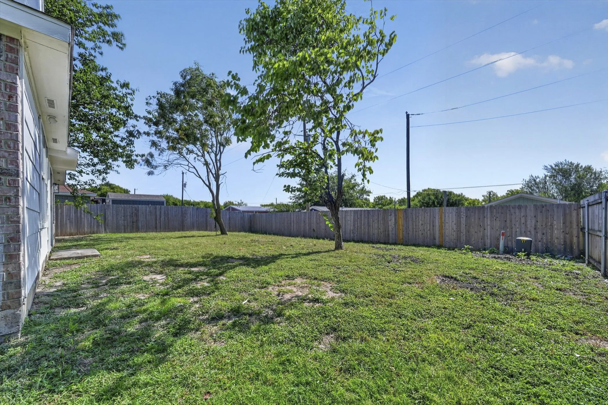Expansive backyard featuring a privacy fence, two mature trees, and a grassy area