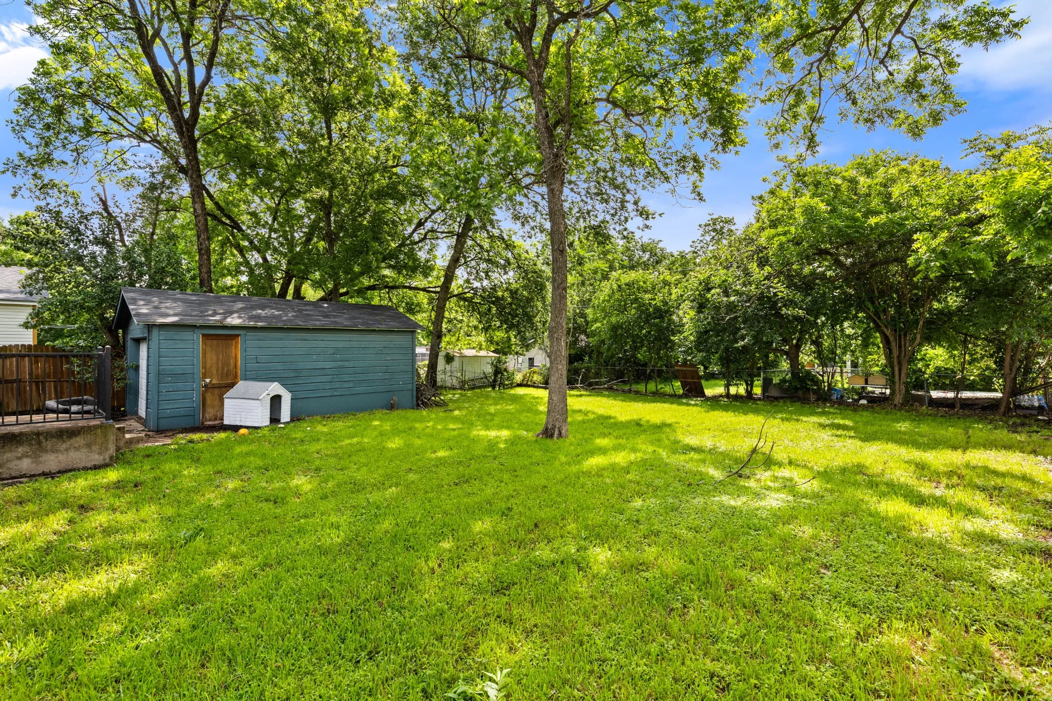 Expansive green lawn featuring mature trees, a blue exterior shed with a brown door, and a partial wooden fence