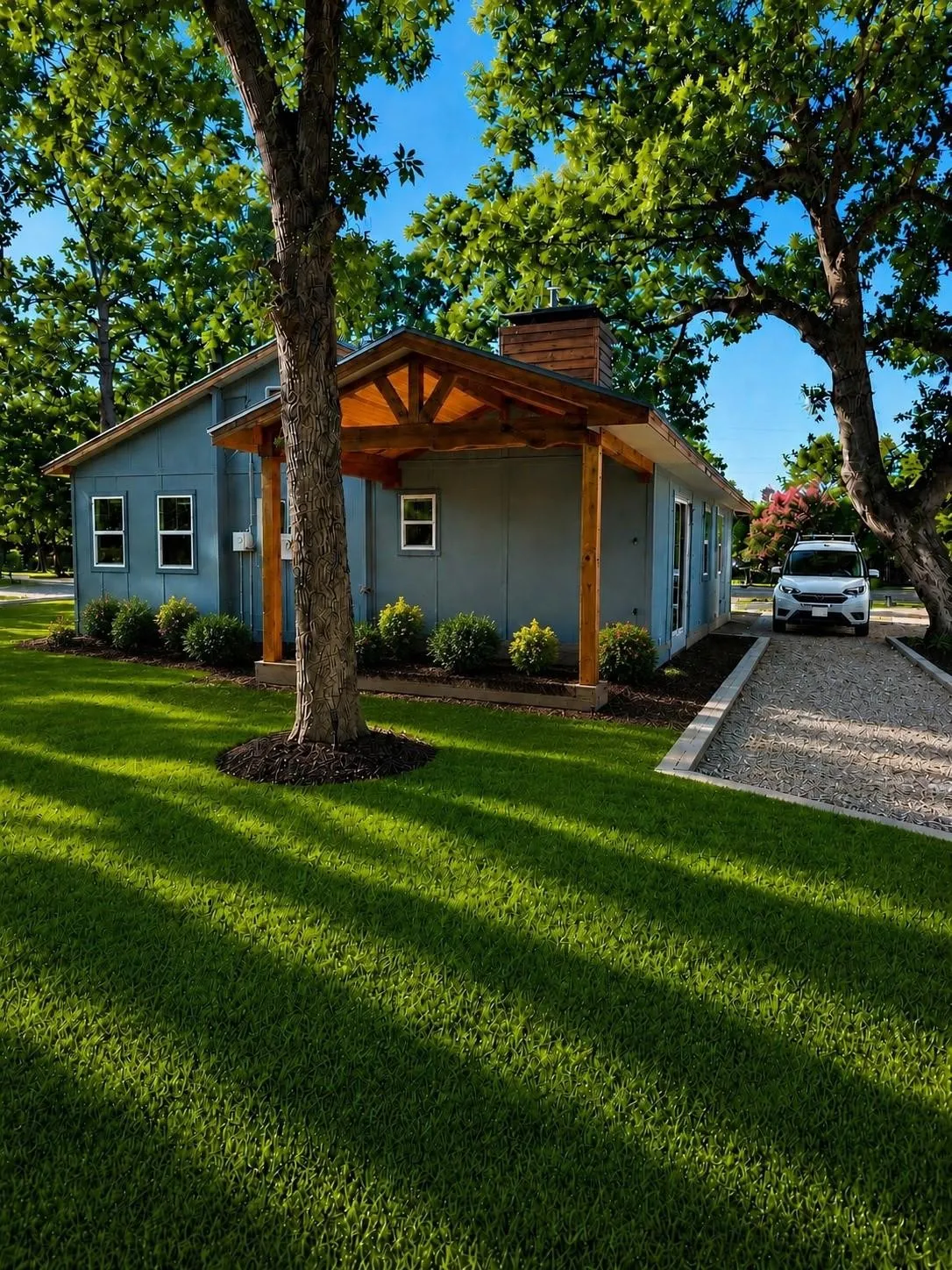Cottage-style residence featuring a prominent covered entry with exposed wood beams, a gravel driveway, and a wood-finish chimney
