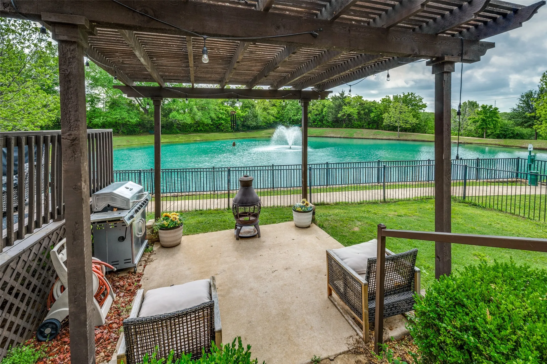 Patio with view of the pond
