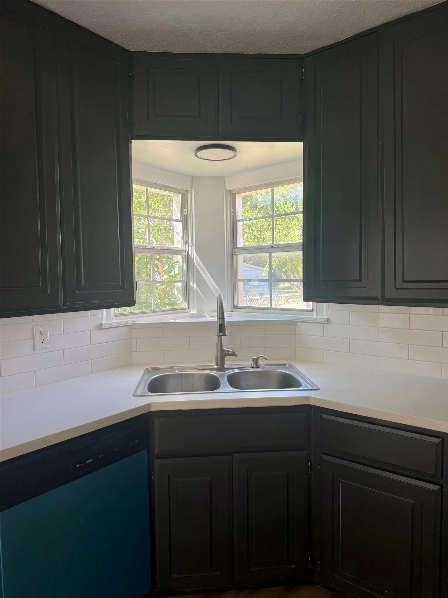 Kitchen area featuring dark cabinetry and a double-basin stainless steel sink
