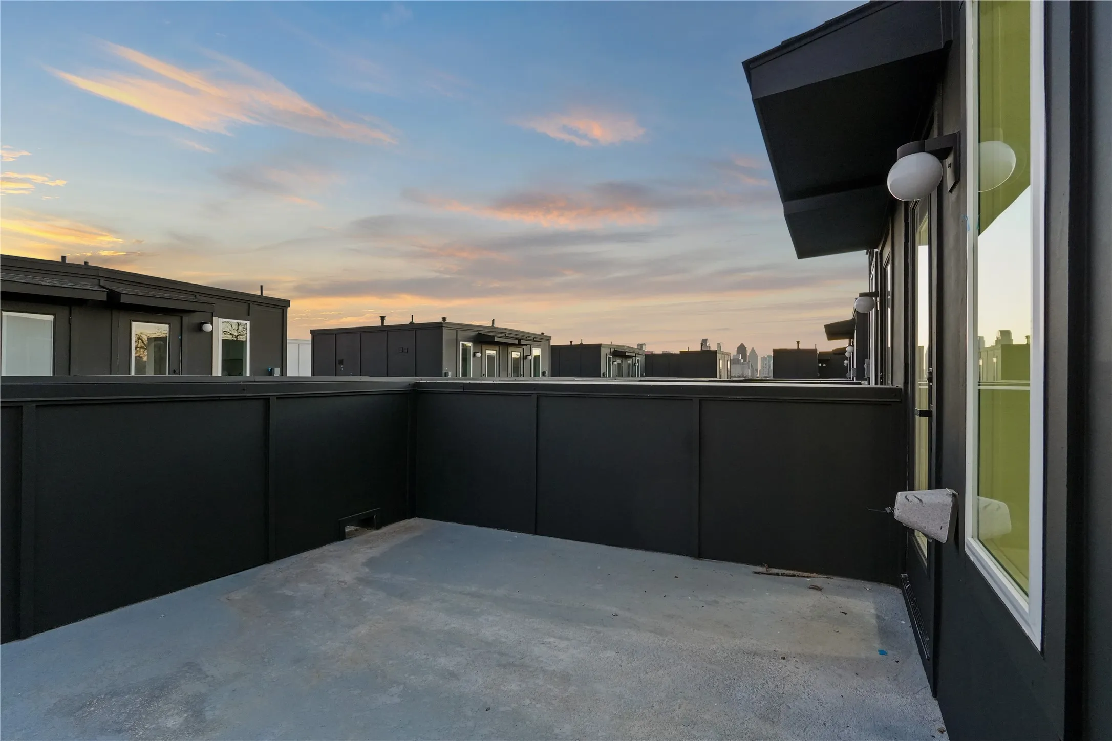 Patio terrace at dusk with a patio