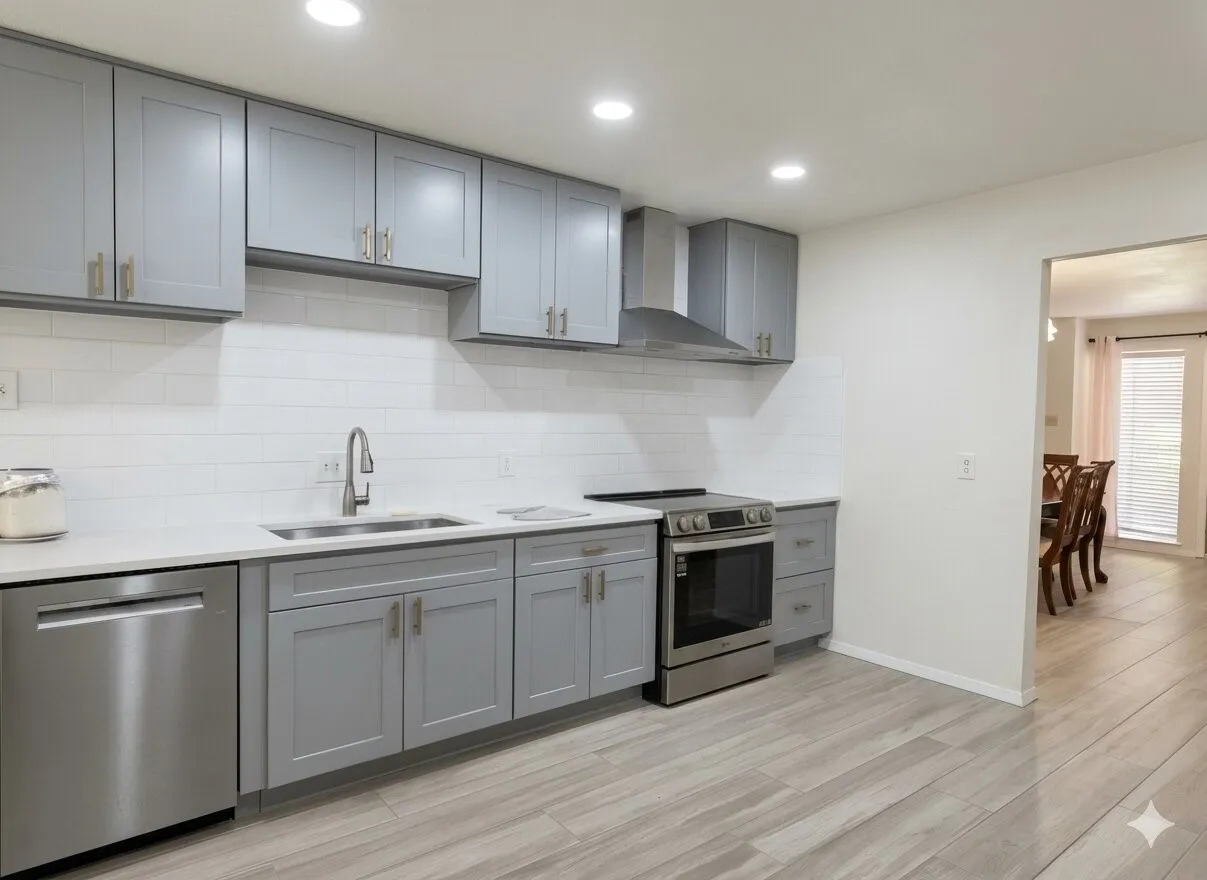 Modern kitchen featuring light gray cabinetry, stainless steel appliances, a subway tile backsplash, light-toned countertops, and recessed lighting