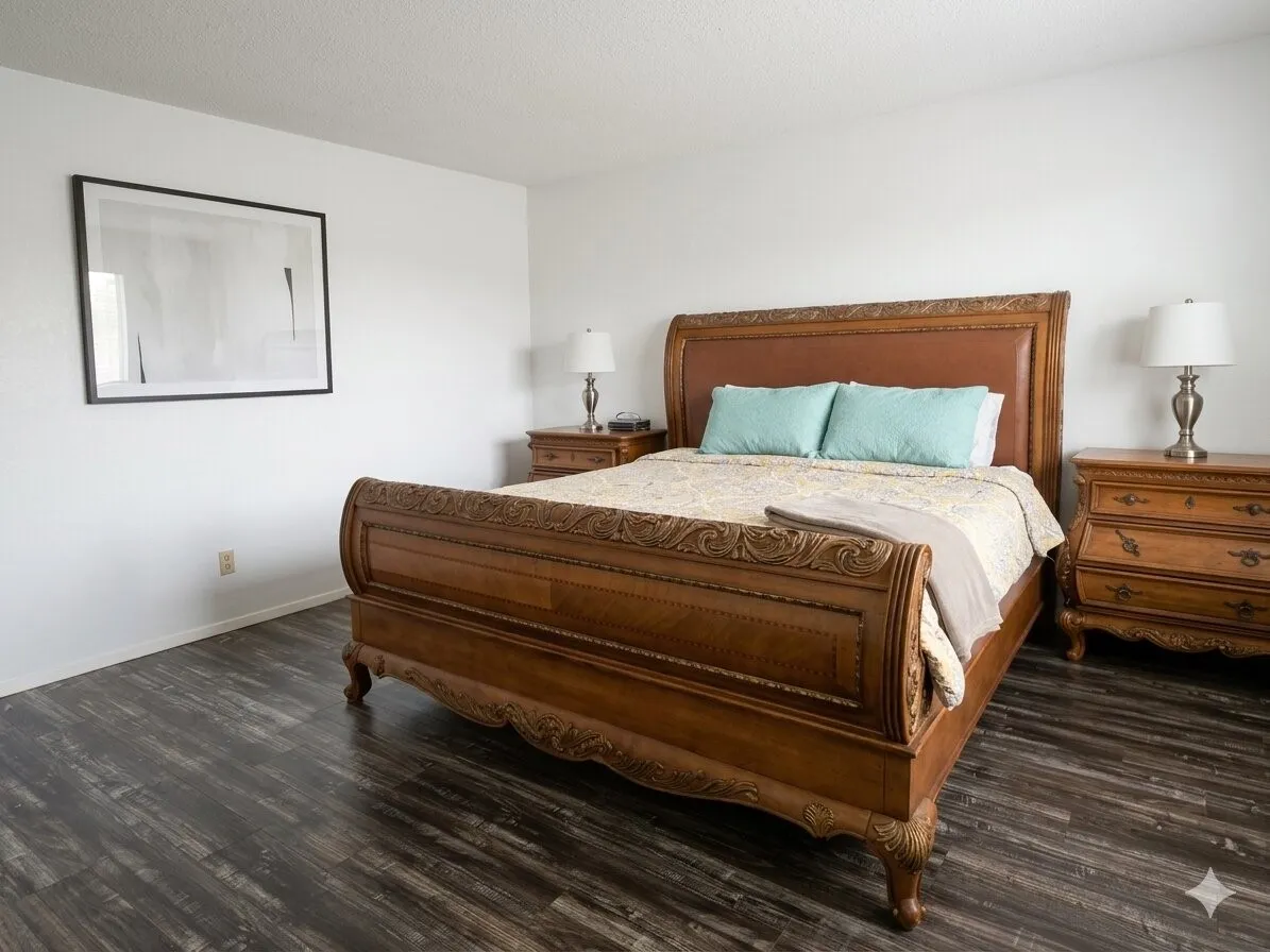Spacious room featuring dark wood-finish flooring, white walls, and a textured ceiling