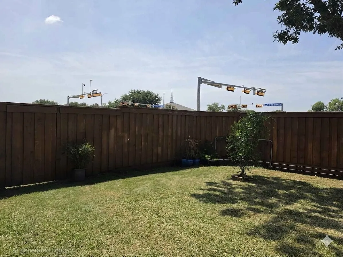 Fenced rear yard with a manicured lawn and established plantings