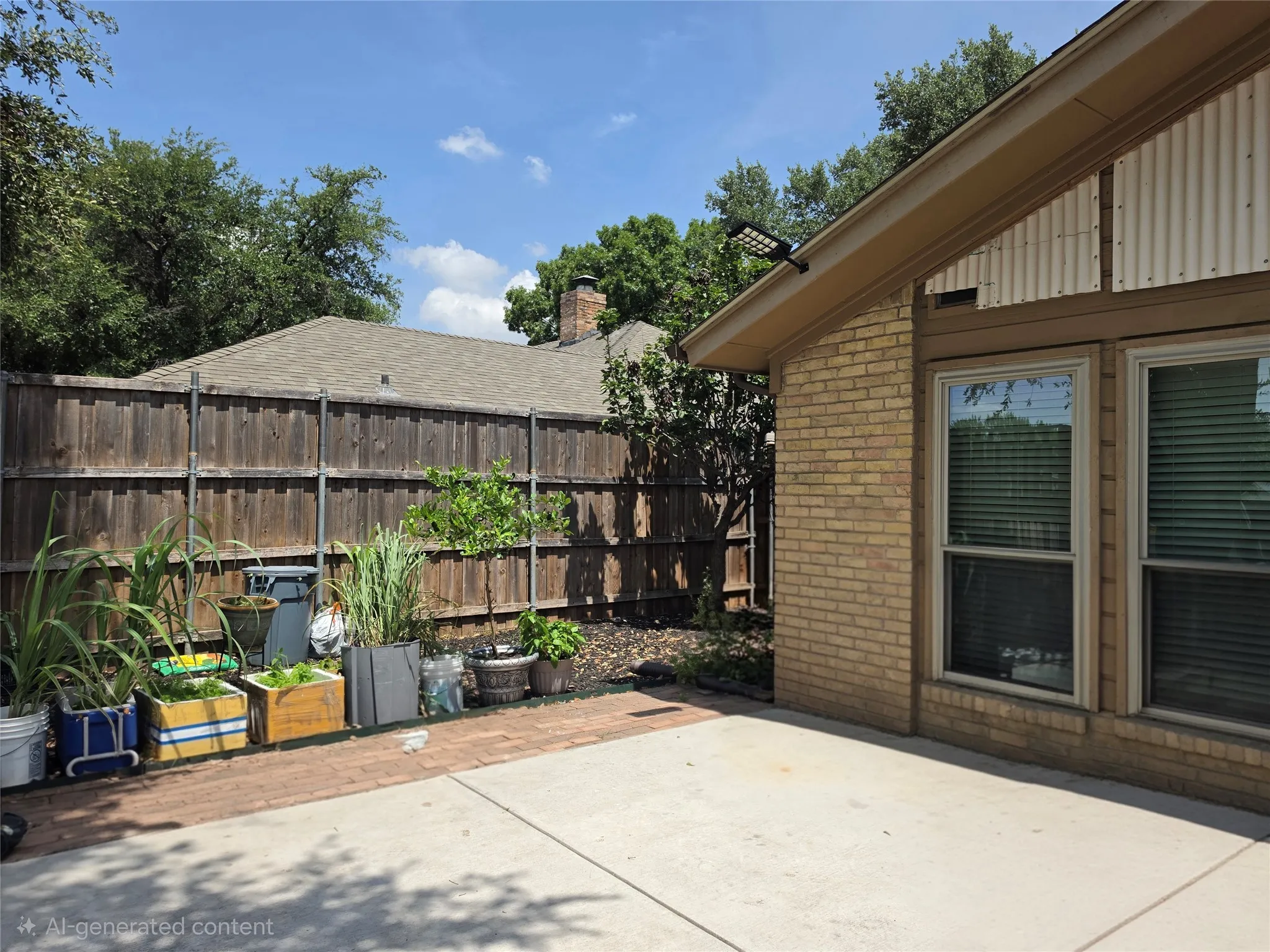 Concrete patio area with brick-accented border, featuring a brick exterior wall with two windows, a wood fence, and mature trees