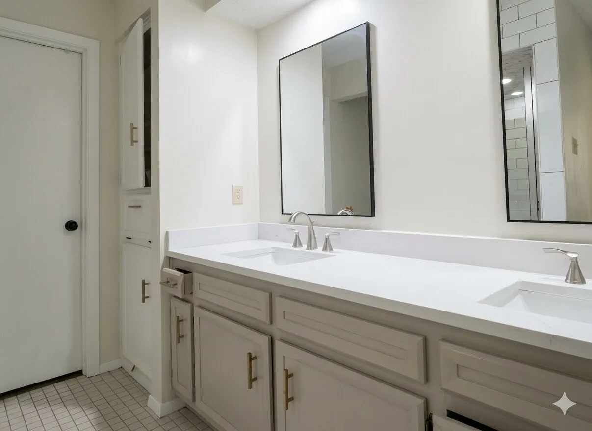 Dual vanity featuring a white countertop with integrated sinks, brushed nickel faucets, and coordinating framed mirrors