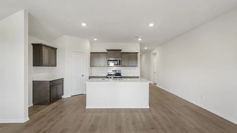 Modern kitchen featuring a central island, wood-finish flooring, dark cabinetry, stainless steel appliances, and recessed lighting