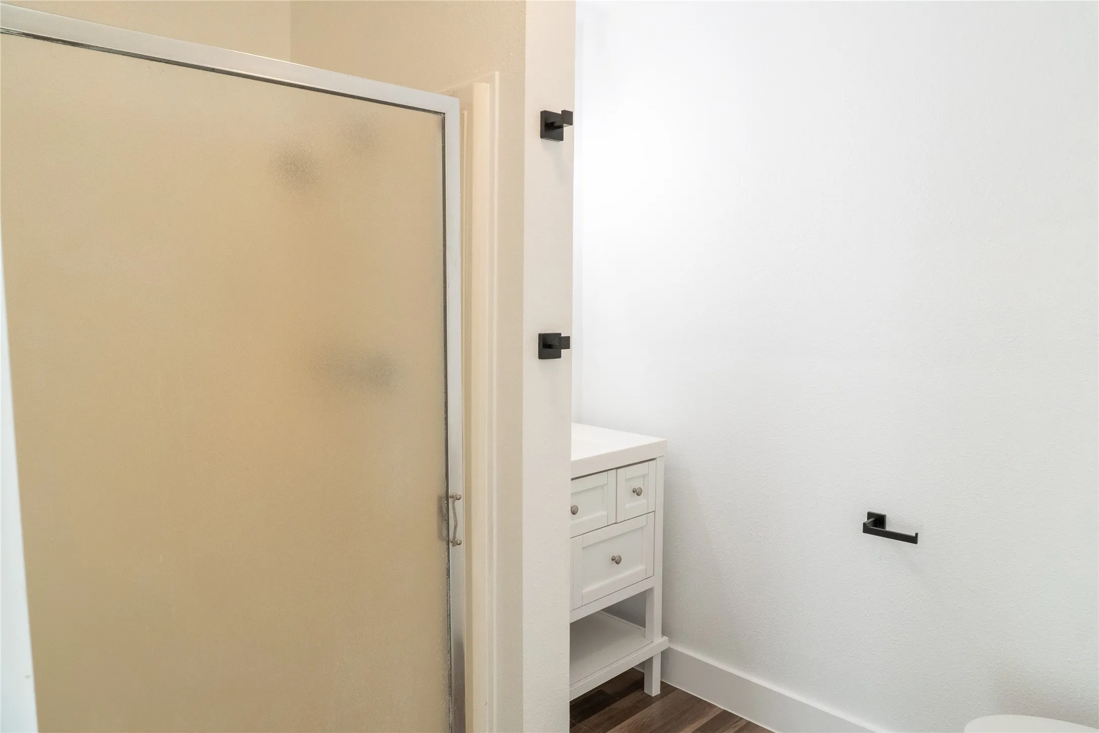 Frosted glass shower enclosure and a white vanity with silver hardware