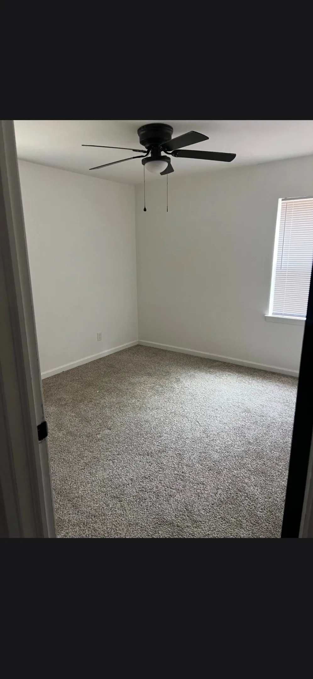Carpeted room featuring a ceiling fan with integrated lighting, a window with horizontal blinds, and white painted walls