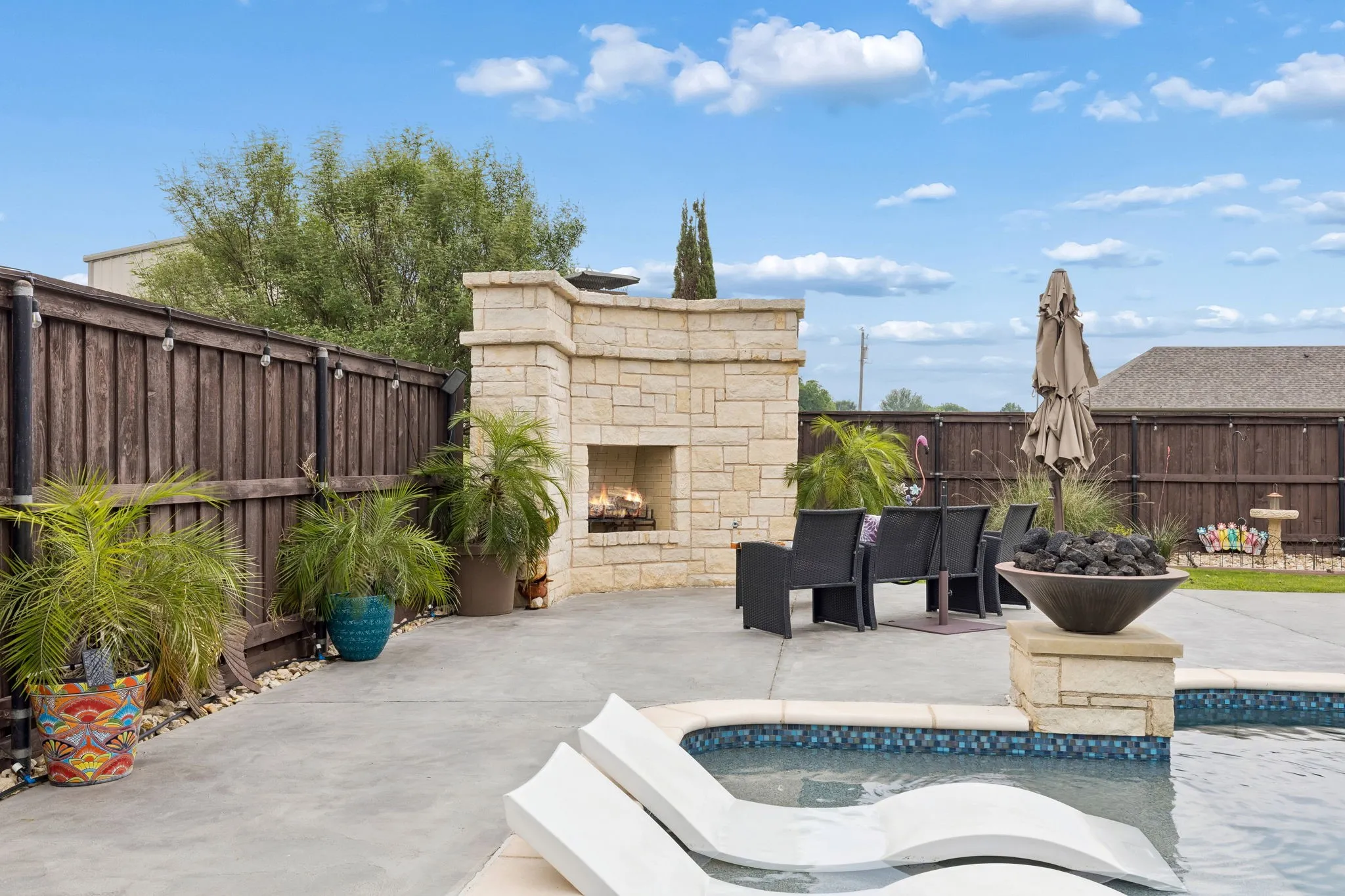 Beautiful stone outdoor fireplace.