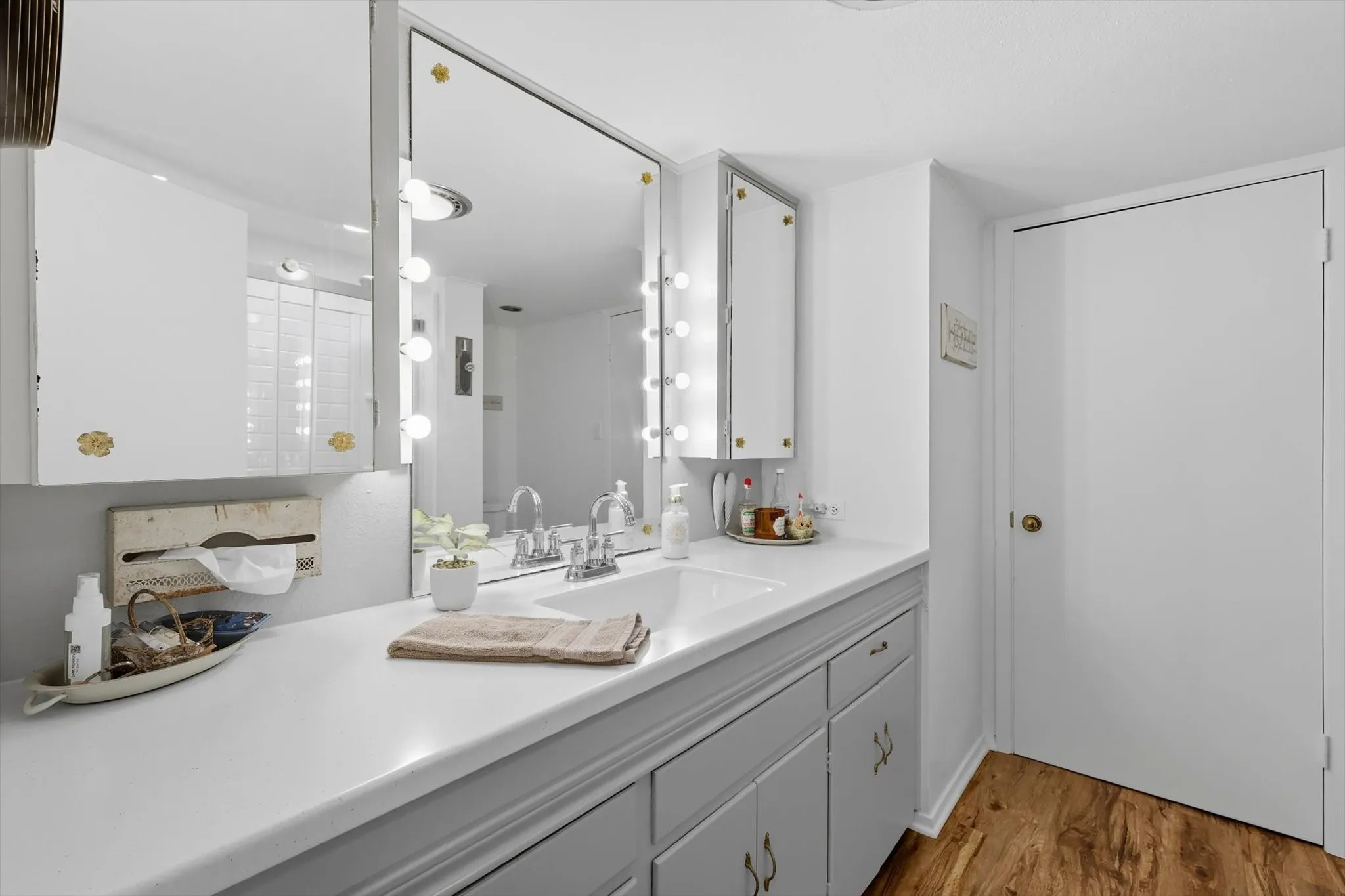 Bathroom with light wood finished floors and vanity