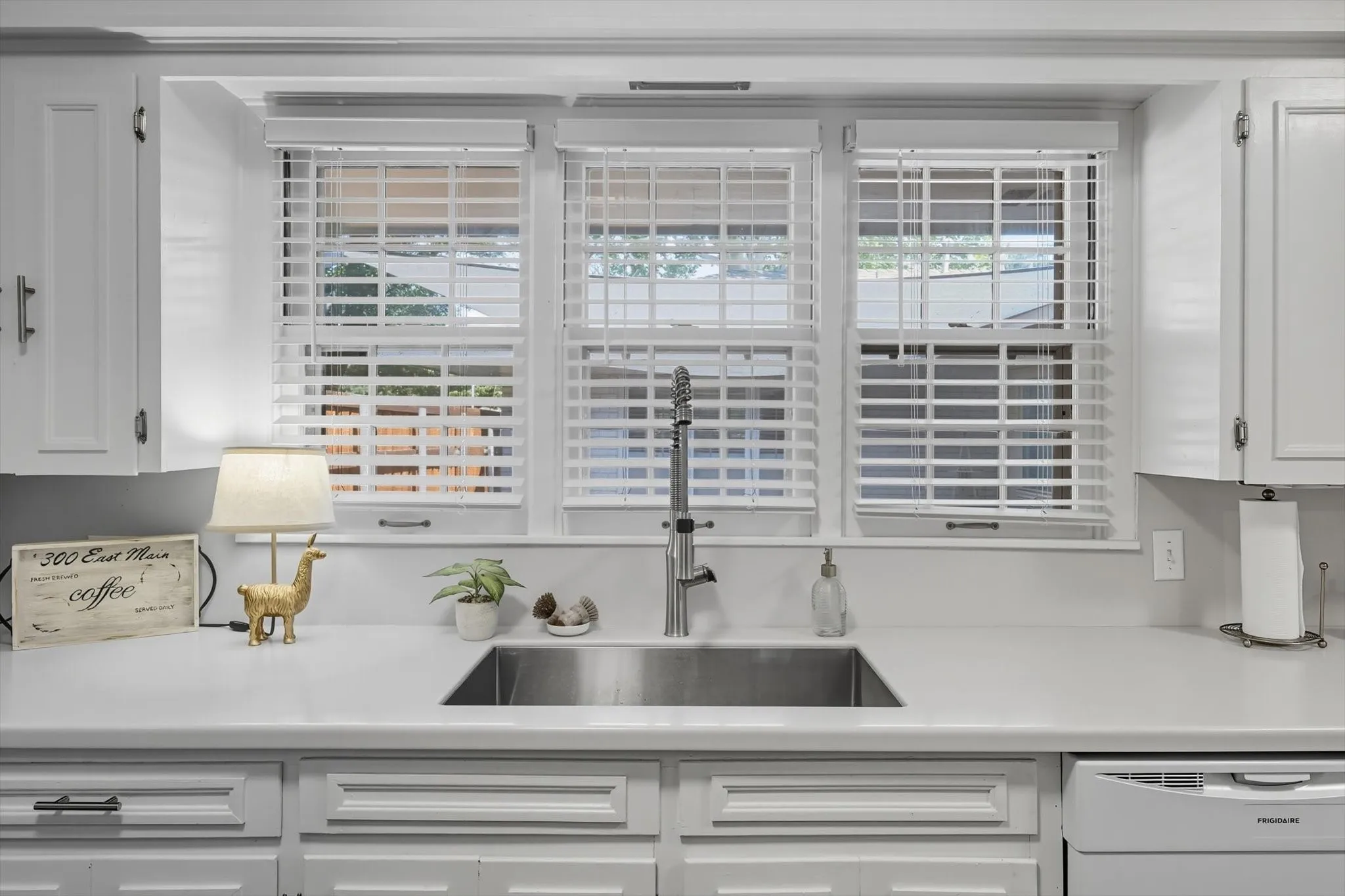 Kitchen with white cabinets and white dishwasher