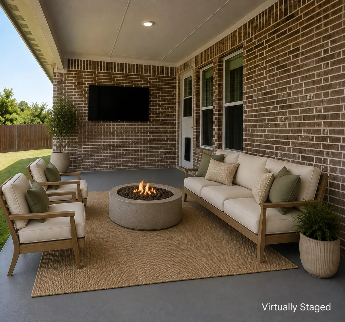 Covered back patio creates a comfortable outdoor living area for relaxing, dining, or entertaining.
