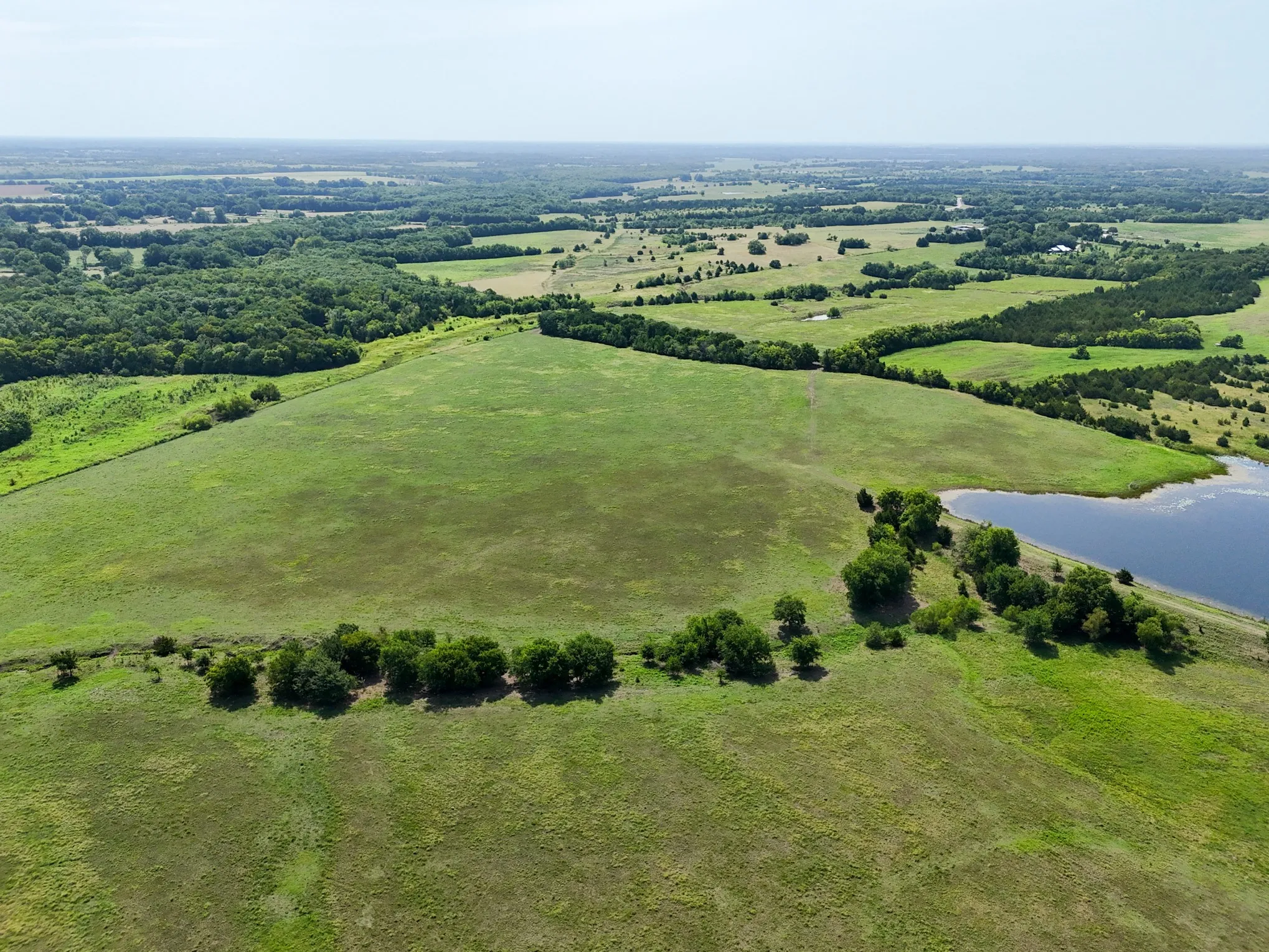 Expansive parcel featuring open fields, mature tree lines, and a significant pond