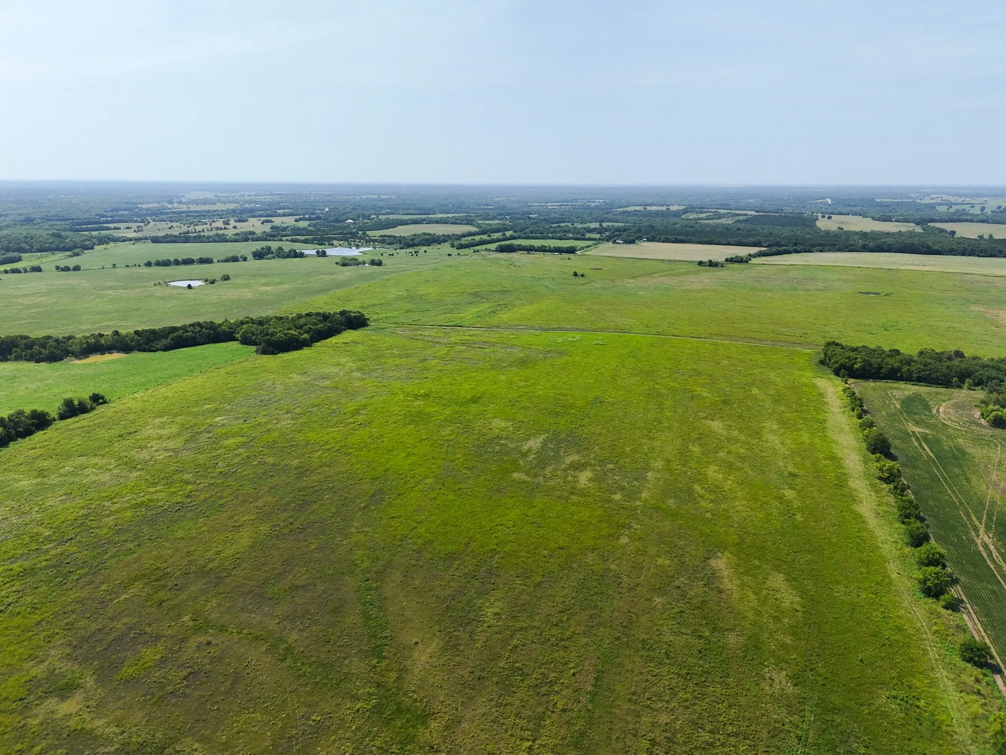 Expansive green acreage featuring scattered tree lines and distant water features, offering open fields and natural landscaping