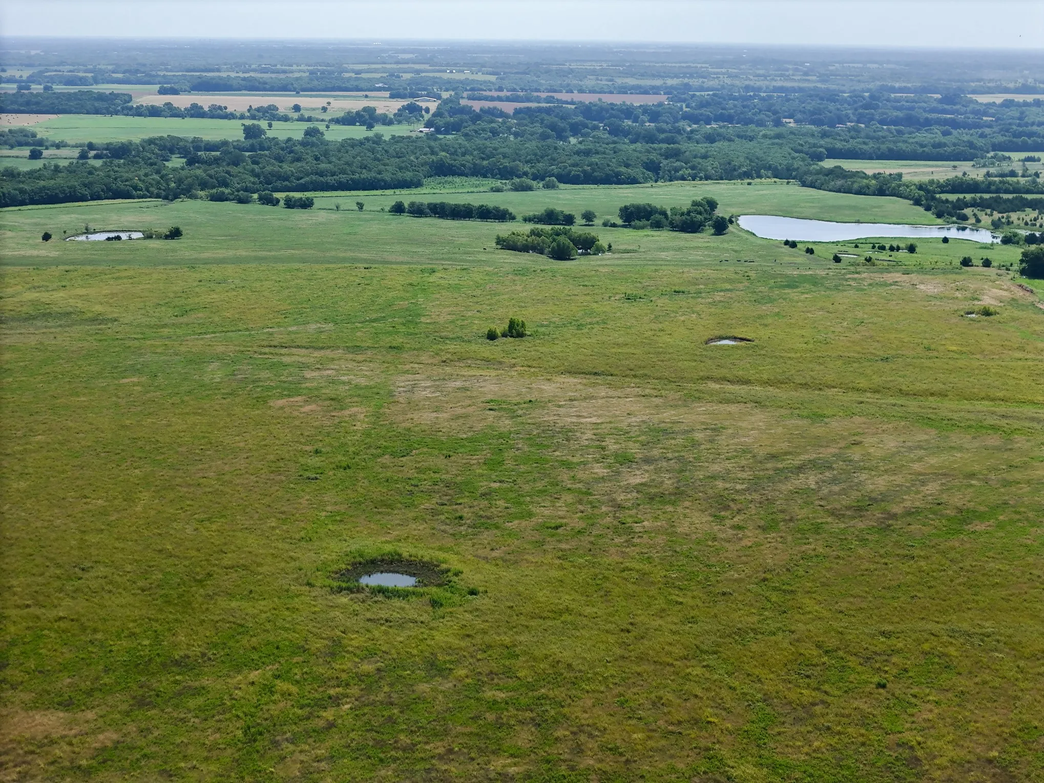 Expansive green pastureland featuring multiple water features, including a large pond and smaller natural depressions