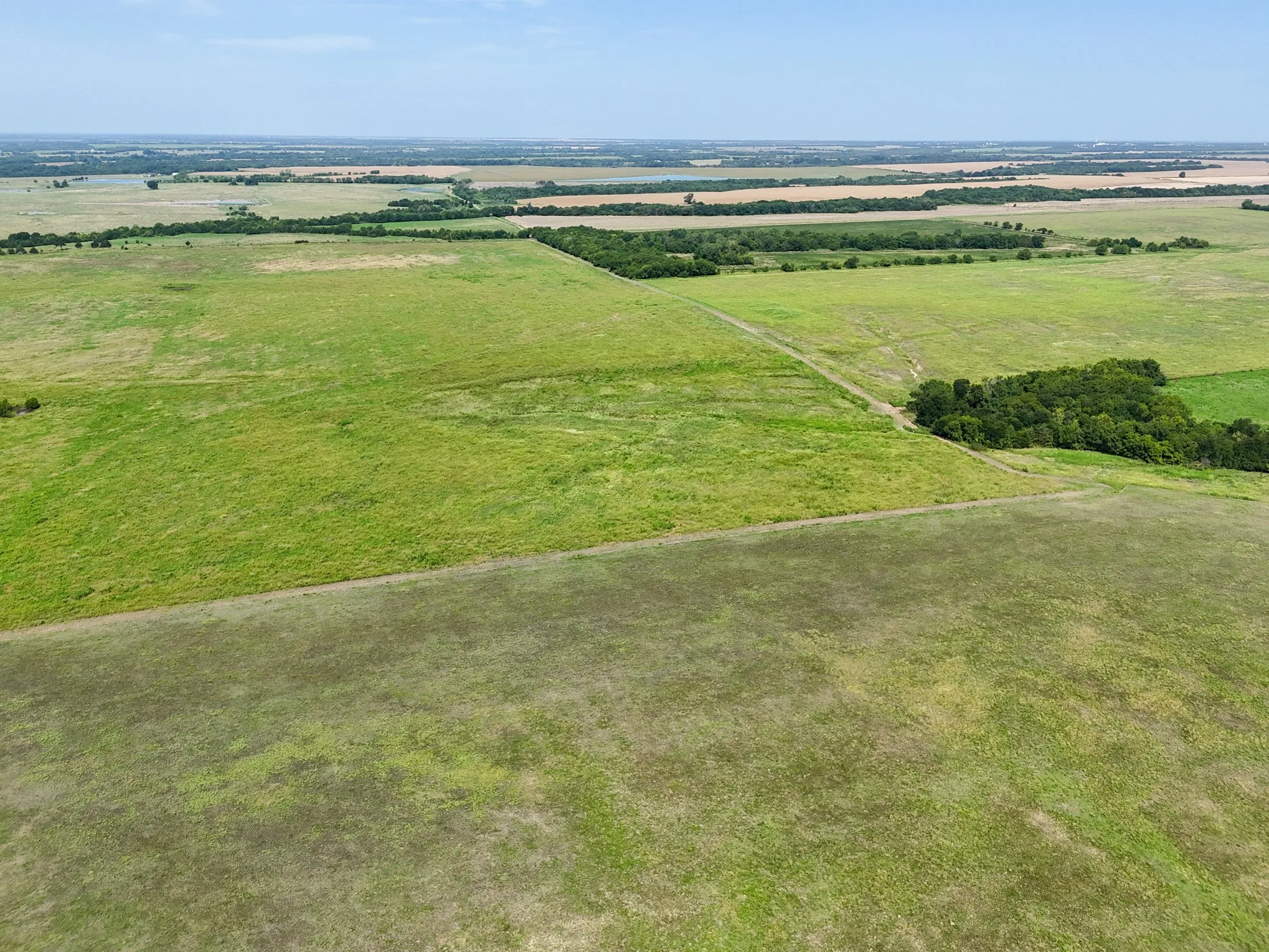 Expansive agricultural land featuring varied green fields, a defined dirt path, and clusters of mature trees