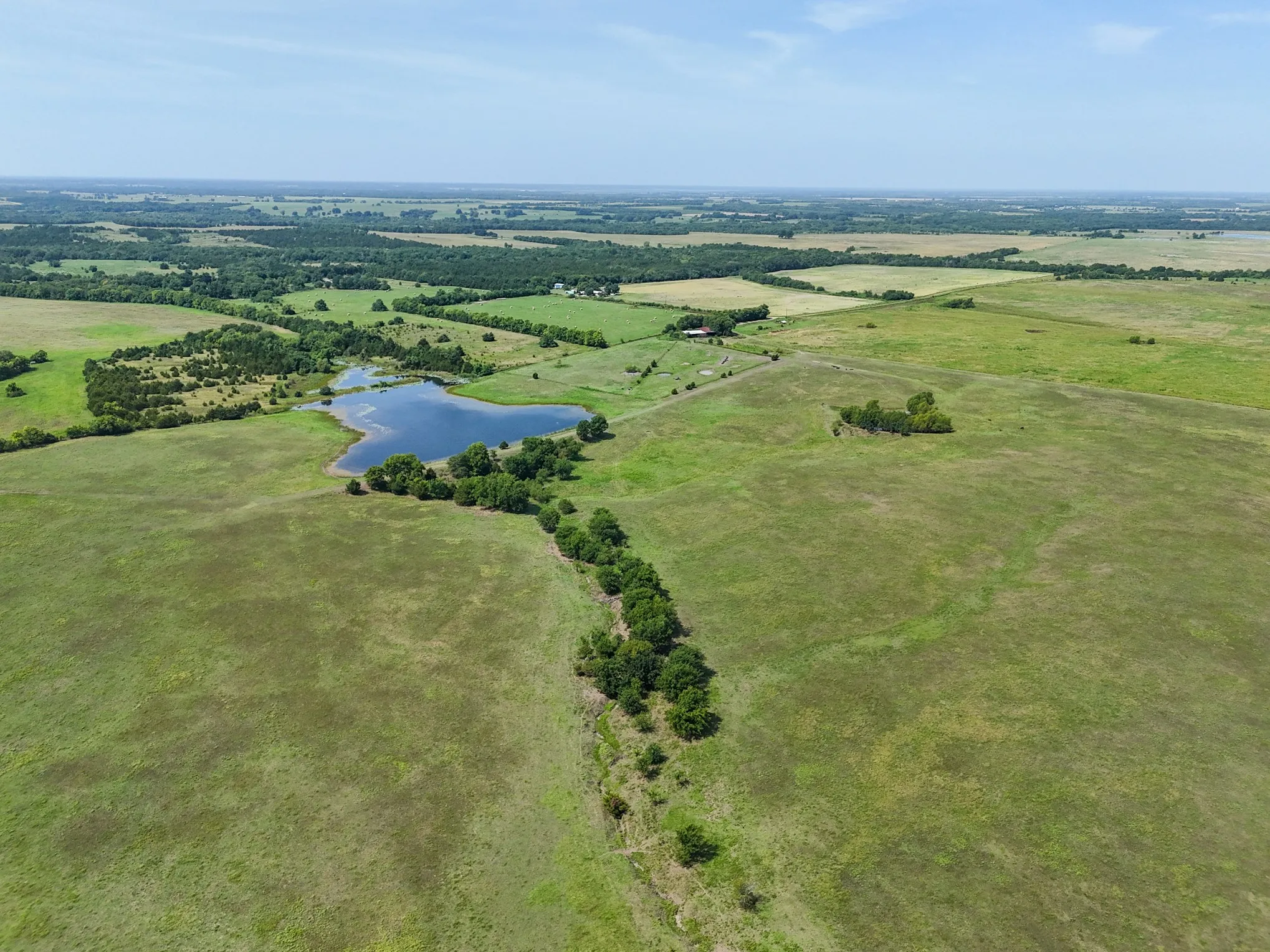 Expansive acreage featuring a natural pond, lush green fields, scattered trees, and distant wooded areas