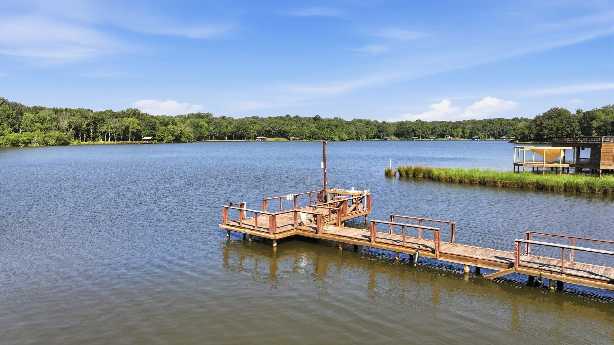 Private wood-plank dock extending into a expansive lake, surrounded by lush green trees and natural shoreline