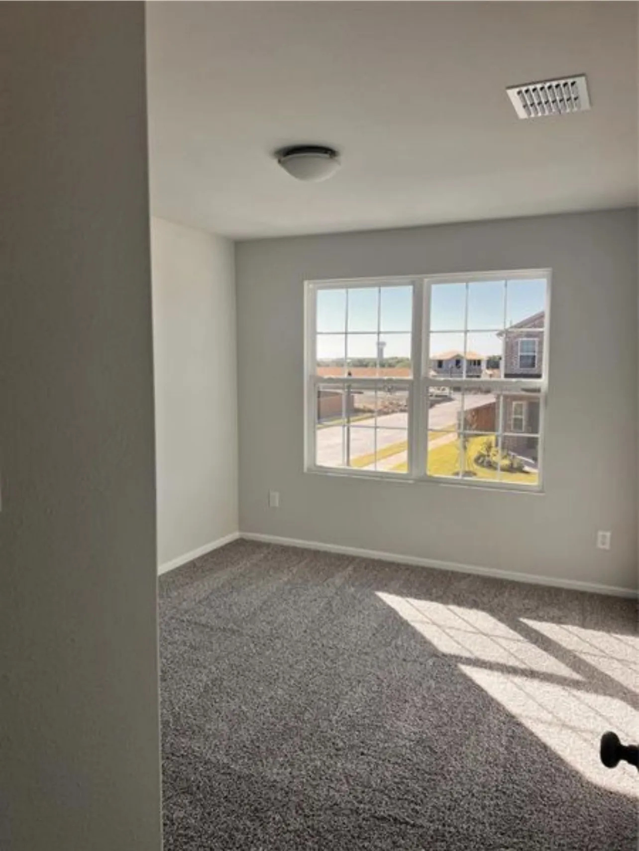 Room featuring a double window, textured carpeting, light gray wall paint, white baseboards, and a flush-mount ceiling light fixture