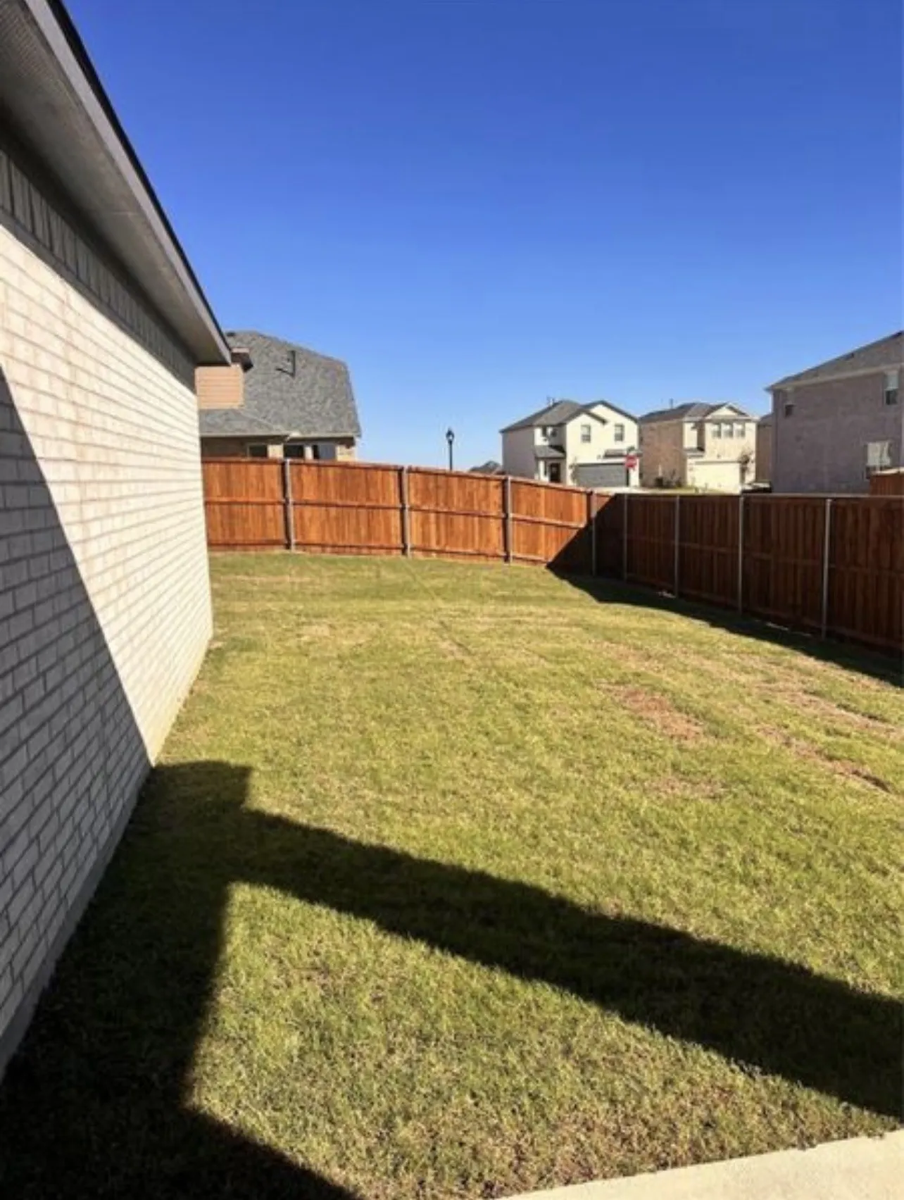 Expansive backyard featuring a new wood privacy fence, concrete patio, and a manicured lawn