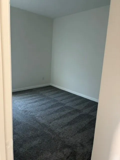 Room featuring dark gray carpet with visible pile patterns, light-colored walls, and white baseboards