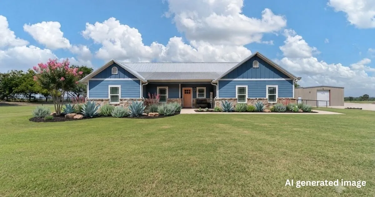 Ranch-style residence featuring blue siding, stone accents, and a metal roof
