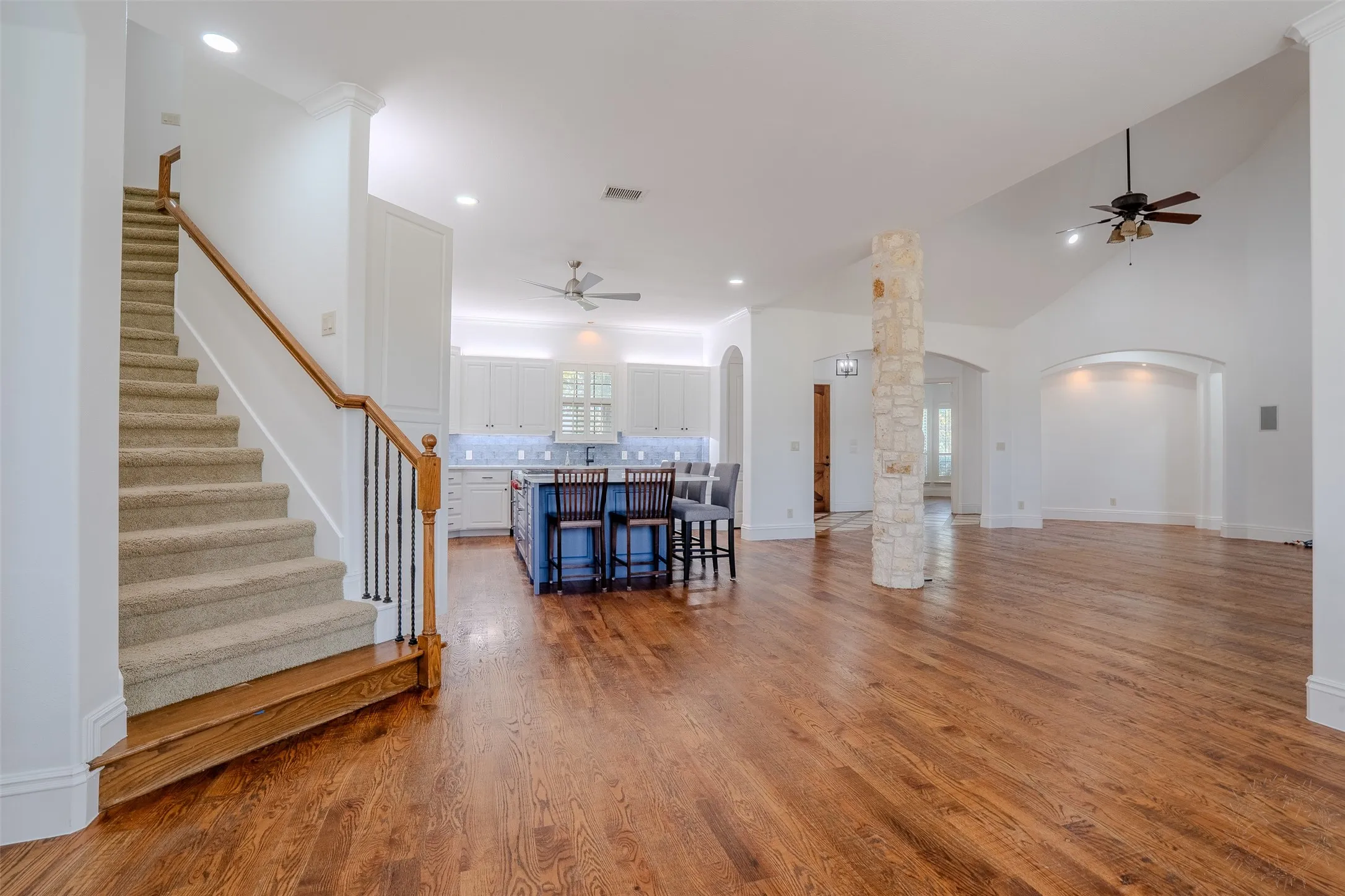 Steps that lead to 3 bedrooms and a game room (could also be a 6th bedroom)