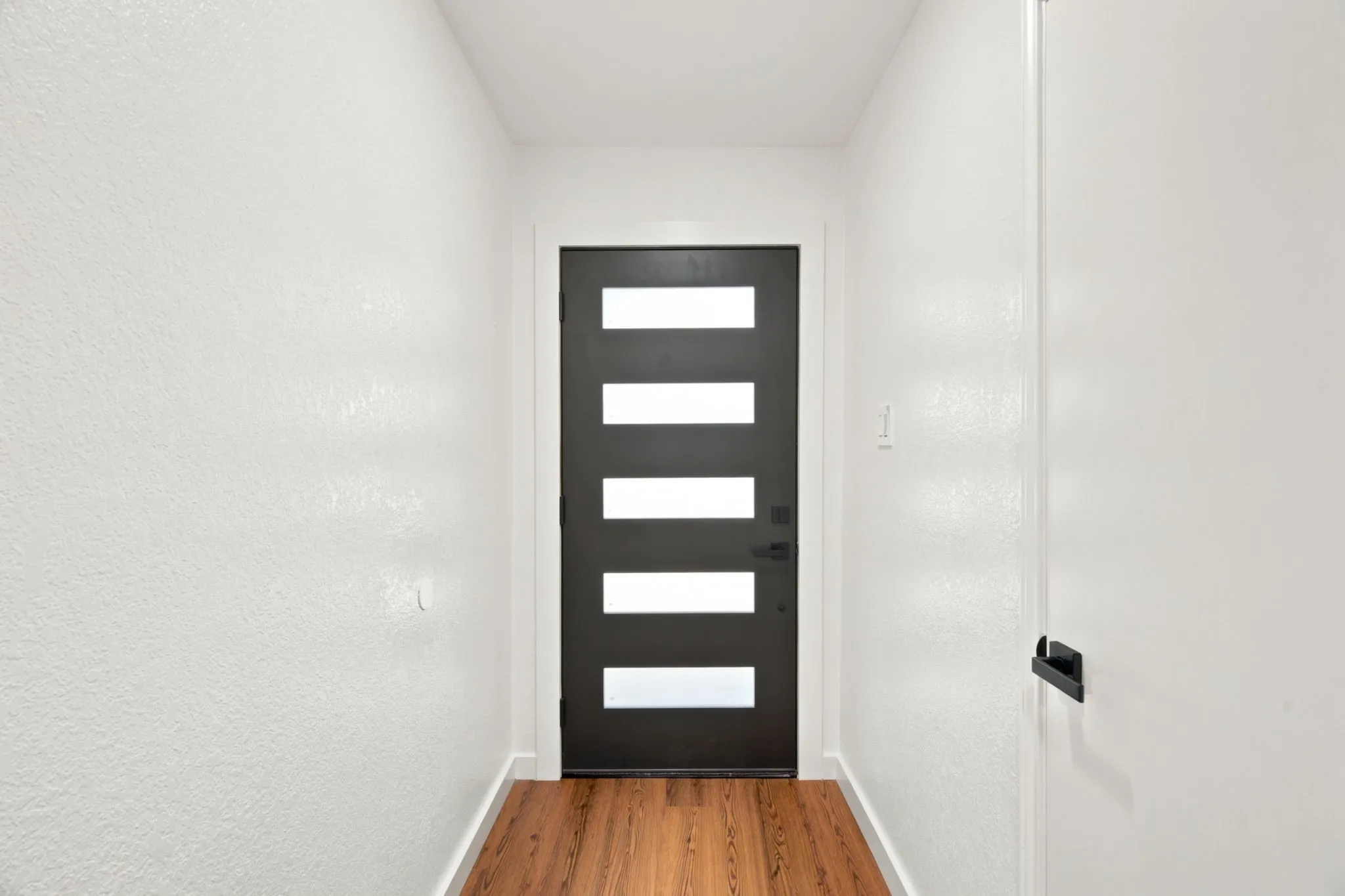 Modern entry with a dark-paneled door featuring horizontal frosted glass inserts