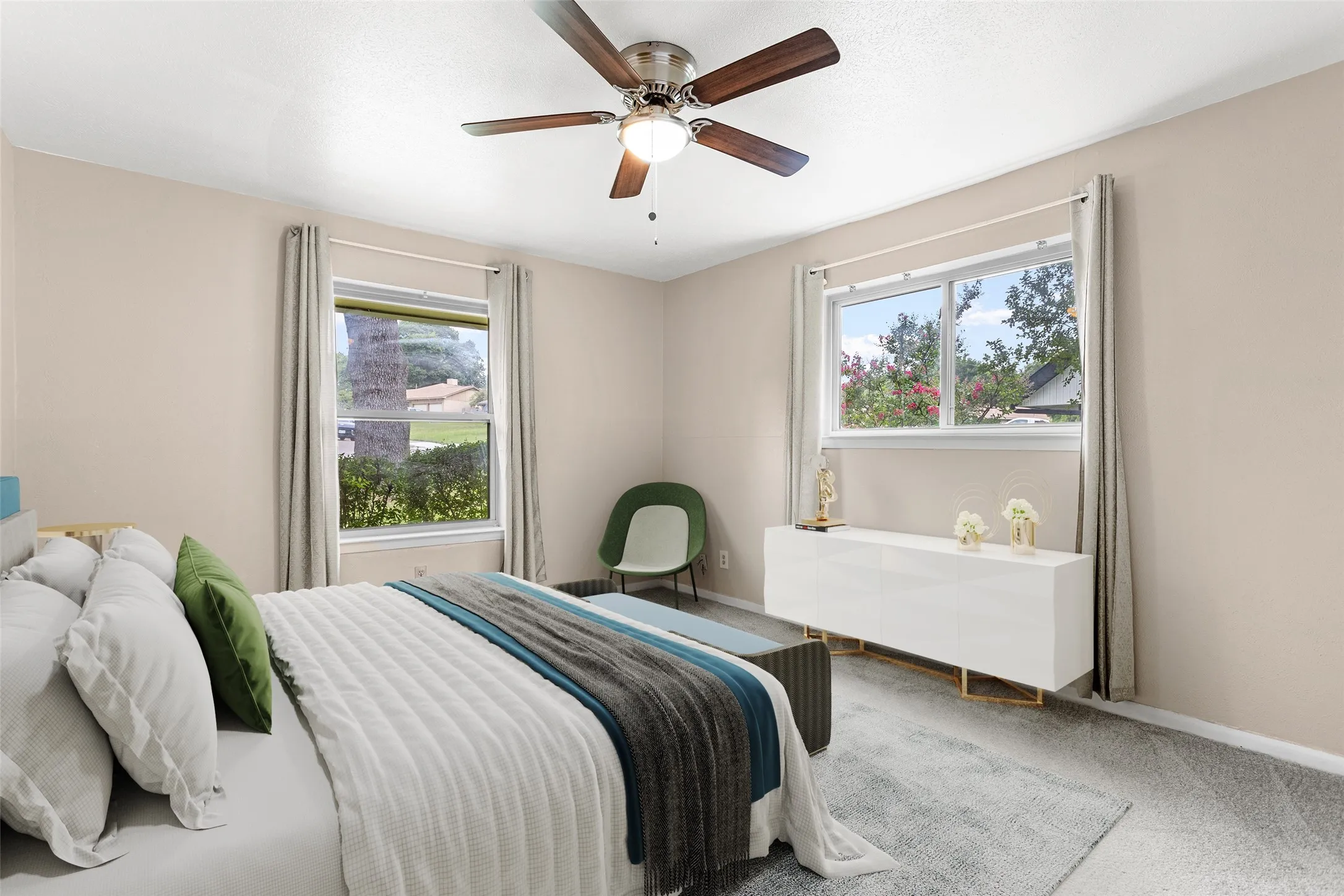 Virtually Staged Neutral-toned walls complement plush carpeting