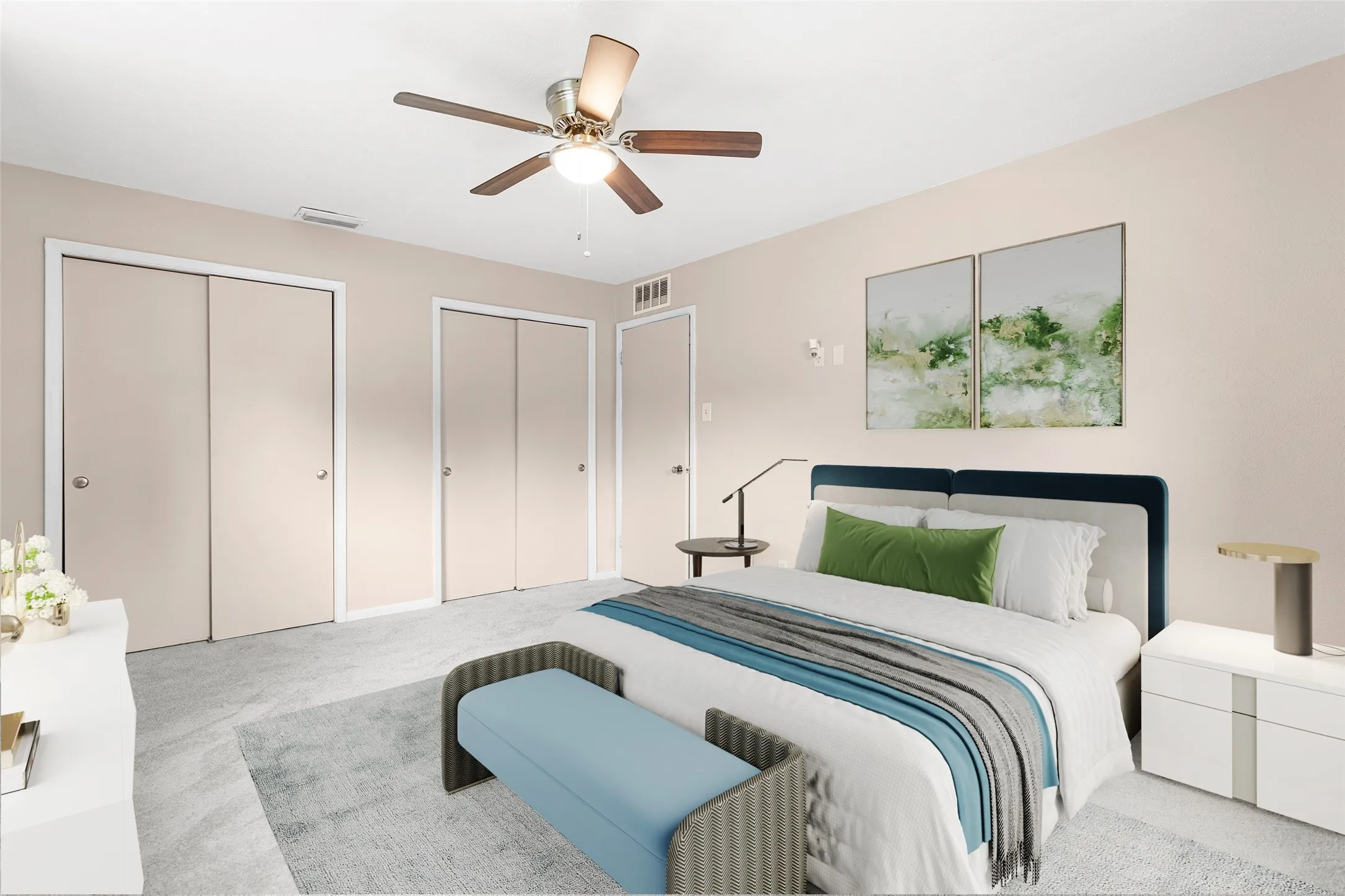 Virtually Staged Carpeted room with a ceiling fan, two bi-fold closet doors, and recessed lighting