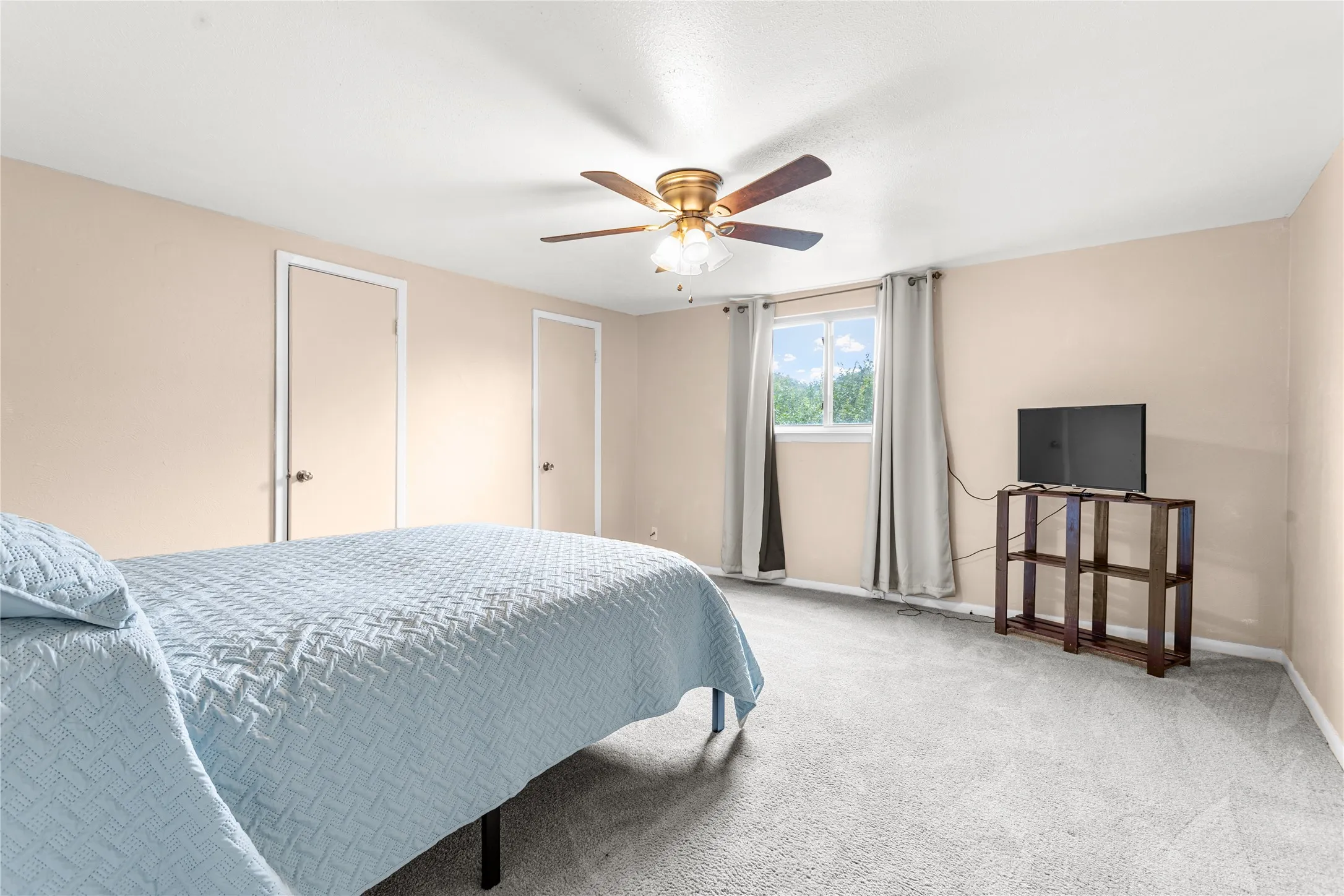 Carpeted room featuring light beige walls and a white ceiling