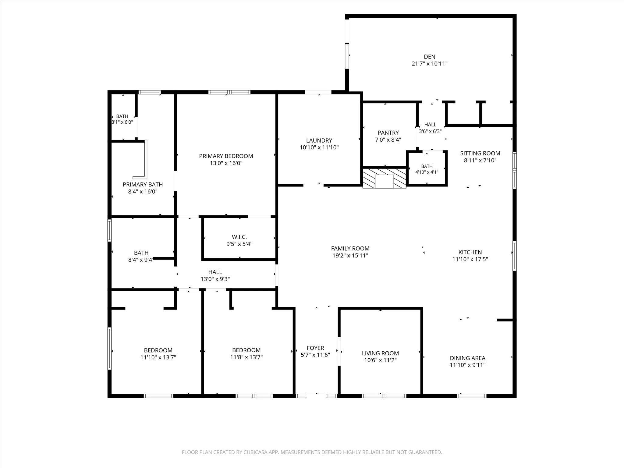 Functional single-story floor plan featuring 3 bedrooms, 2.5 bathrooms, multiple living areas, an open kitchen, large utility room, walk-in pantry, dedicated dining room, flex room, and spacious den with private exterior access.
