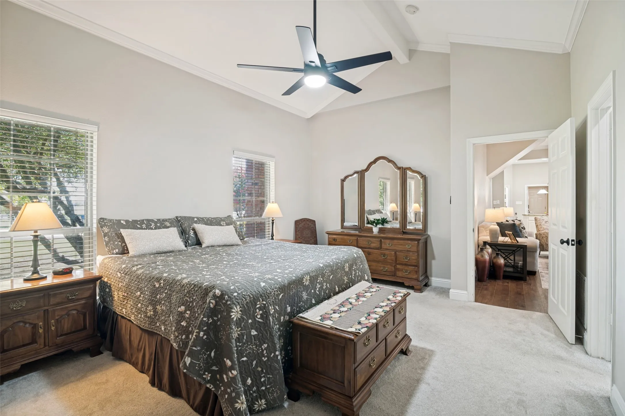 The spacious primary bedroom is downstairs.