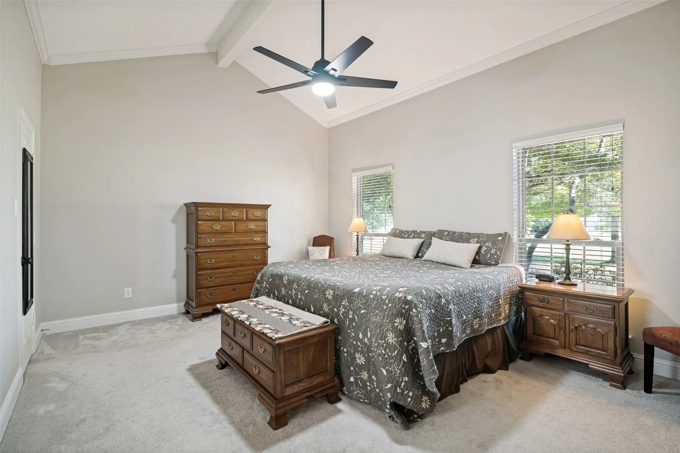The vaulted ceiling and the natural light in the primary bedroom make this dreamy.