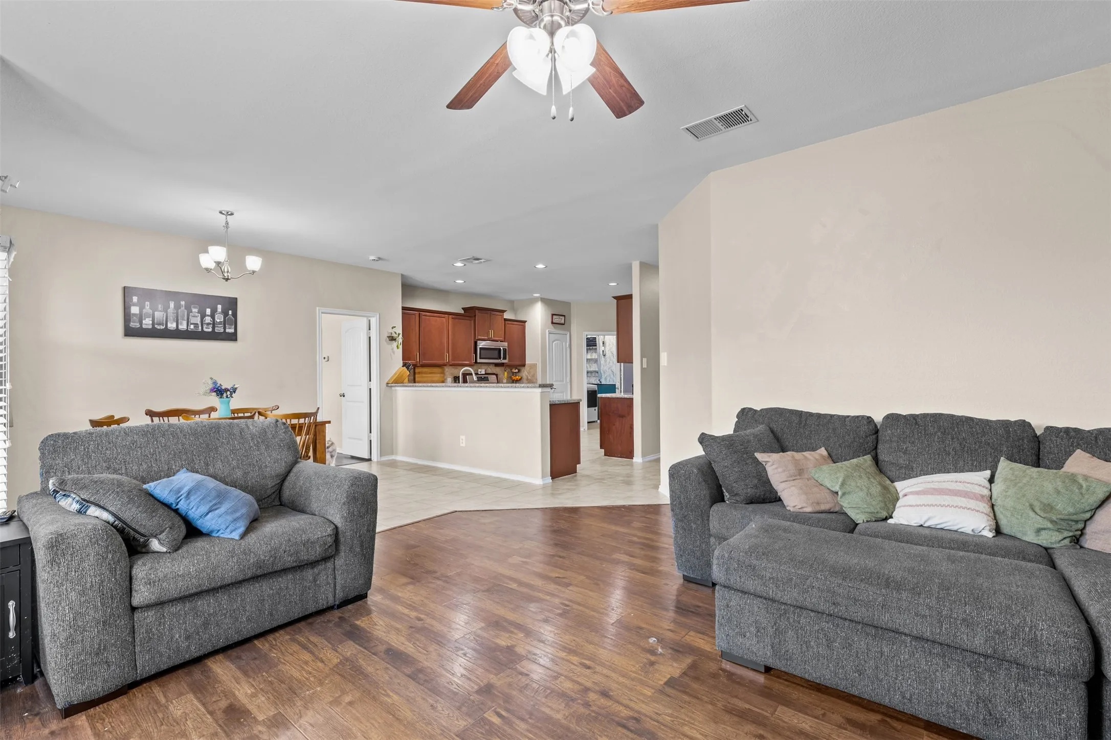 Open living, dining, kitchen layout