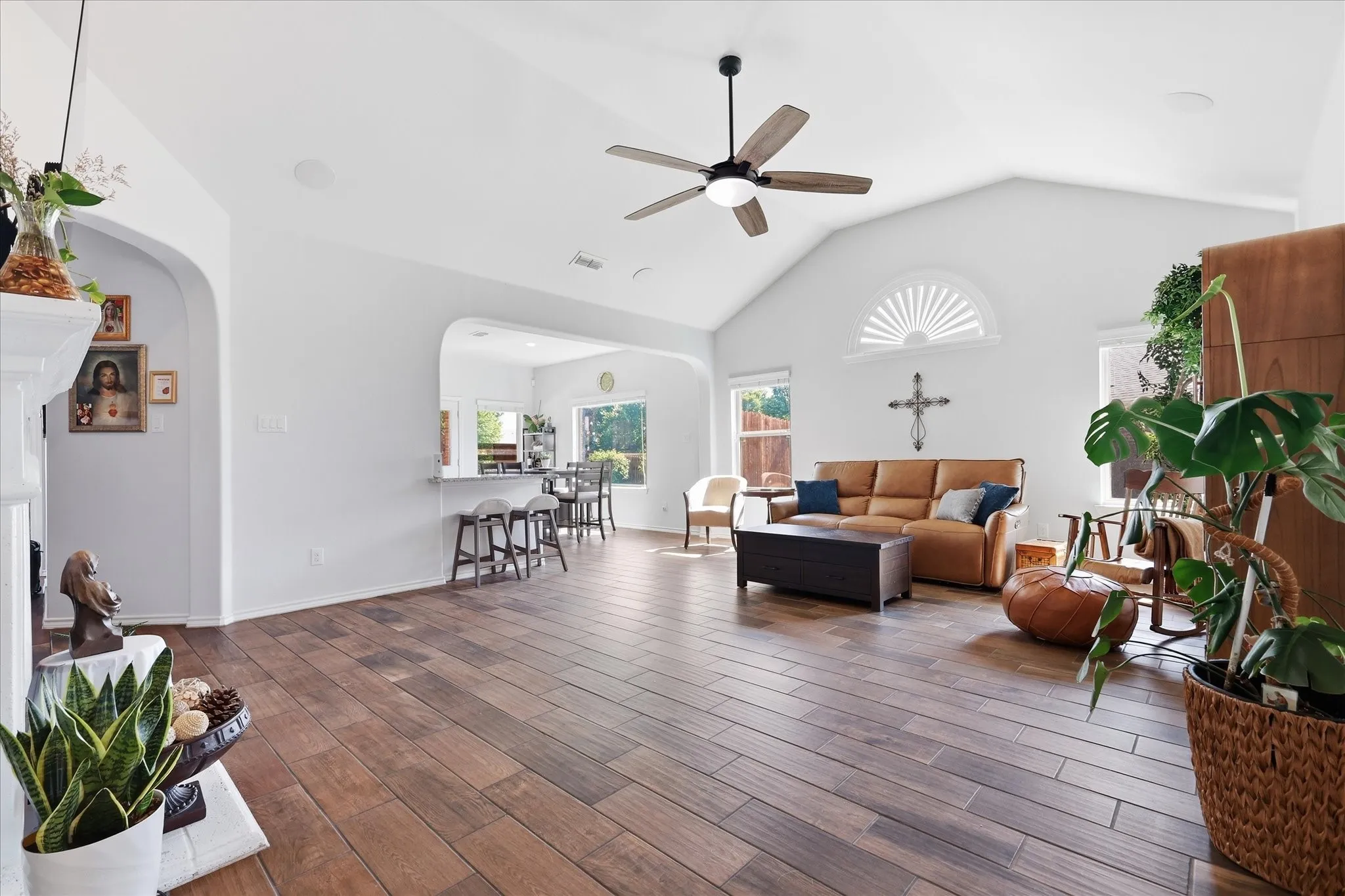Living room - wood look tile - updated ceiling fan