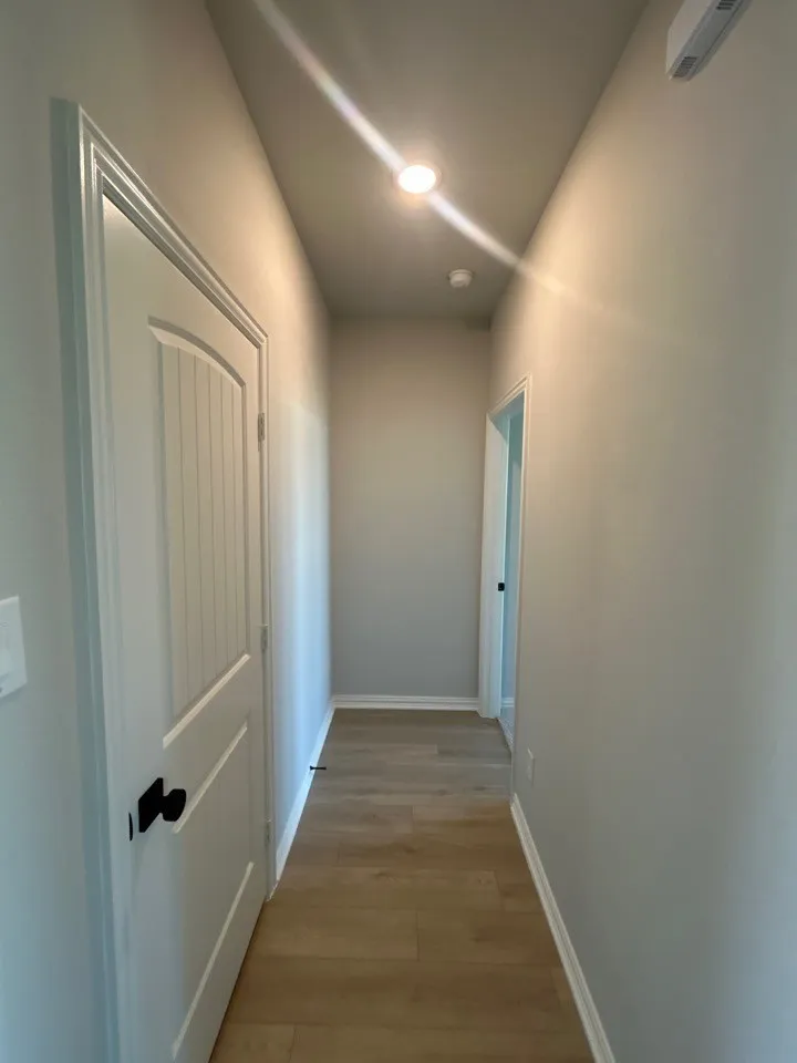 Hallway with light wood-finish flooring, recessed lighting, and white paneled doors with black hardware