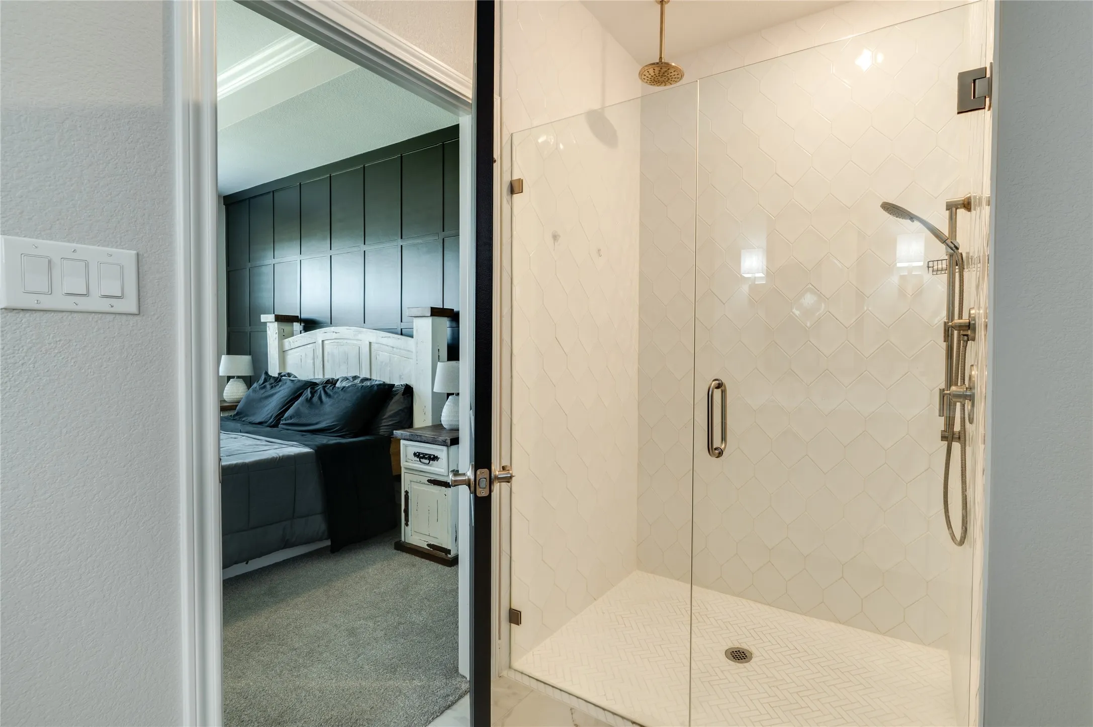 Primary bathroom with modern style decor.