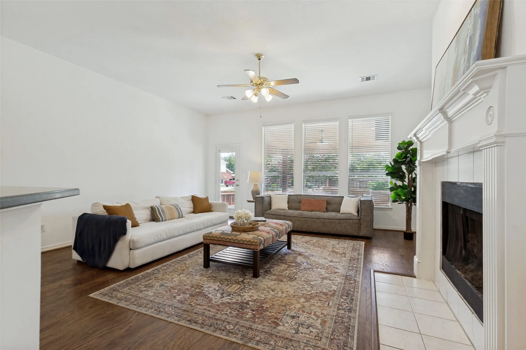 Large living room with a gas fireplace
