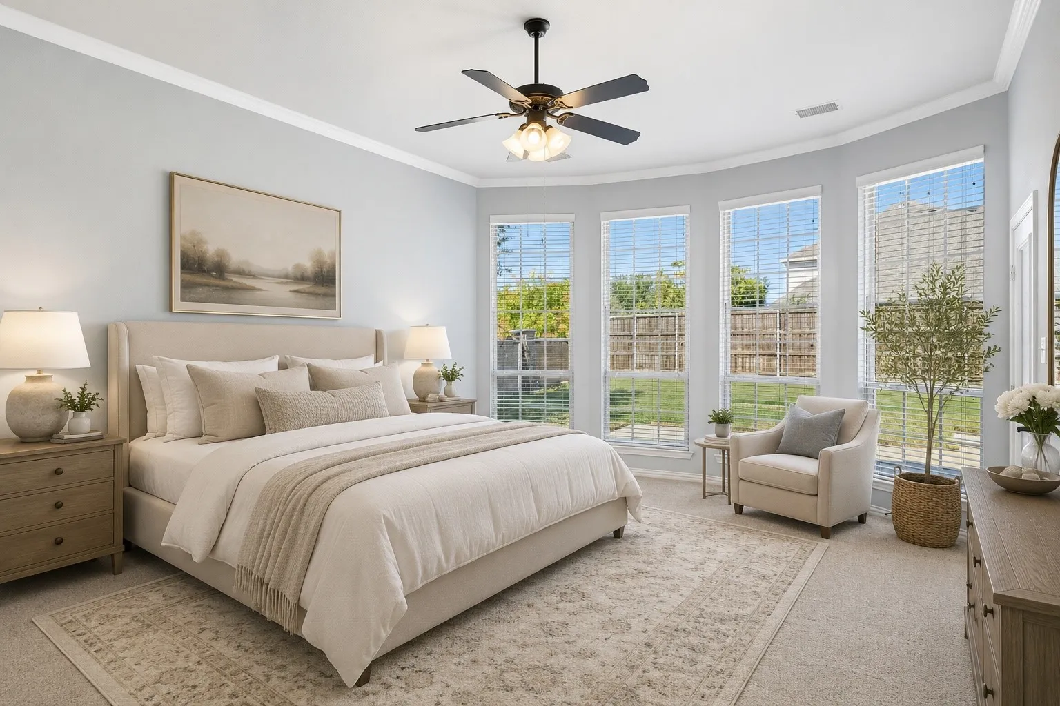 Virtually staged primary suite overlooking the great backyard
