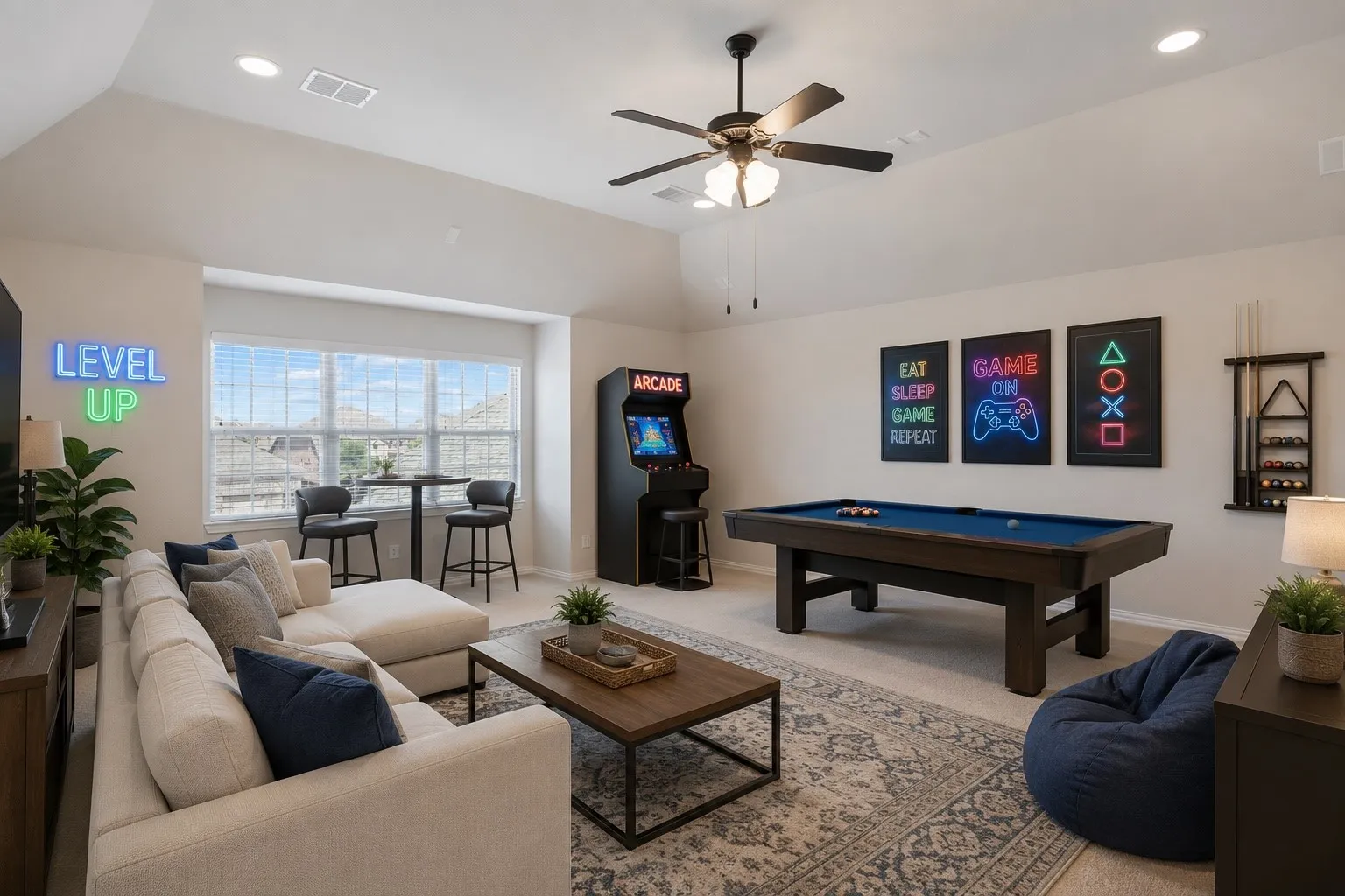 Virtually staged Game room upstairs
