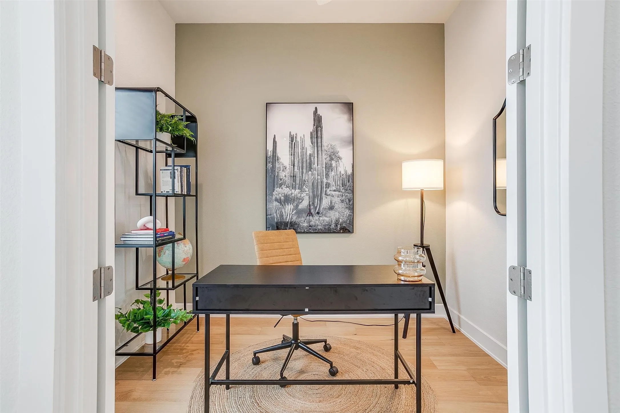 Office area with wood finished floors and baseboards