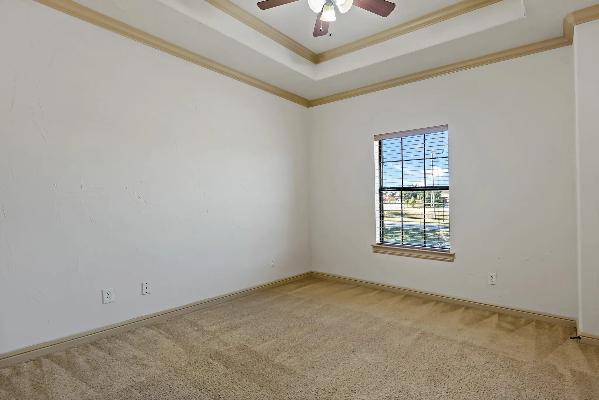 Carpeted room featuring a single window with blinds, a tray ceiling with crown molding, and a ceiling fan with integrated lighting