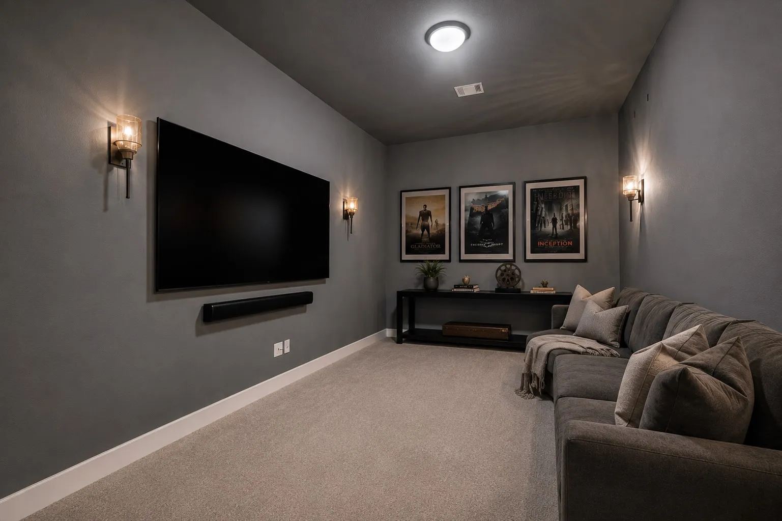 Virtually Staged - Dedicated media room featuring a large wall-mounted screen, soundbar, and carpeted flooring
