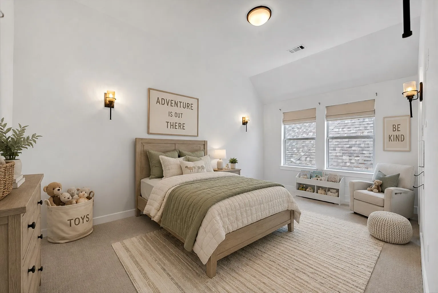 Virtually staged - Bright room featuring light-colored carpeting, multiple windows with blinds, built-in wall sconces, a flush-mount ceiling light, and a light wood-finish dresser