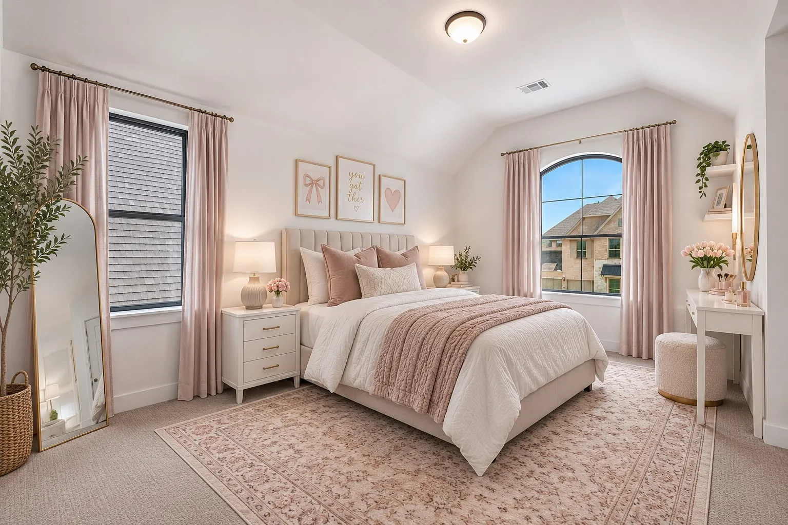 Virtually staged - secondary bedroom with ensuite and vanity/desk area