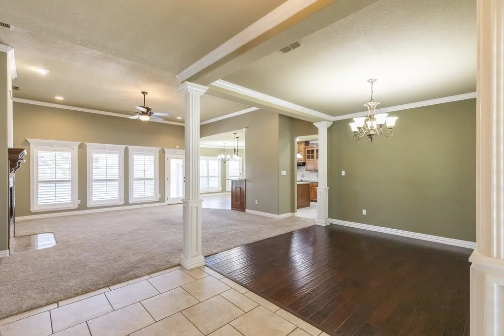 Living room, formal dining room and kitchen