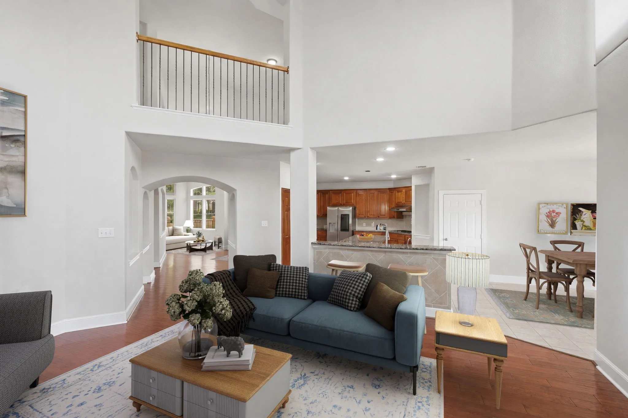 Family Room With Soaring Ceilings With Open Design Which Has Been Virtually Staged.